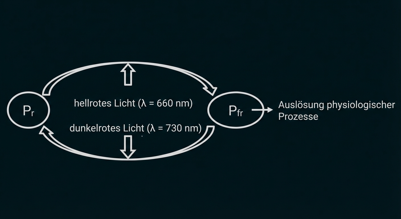 Schema: Phytochrom-Pr ↔ Pfr durch hellrotes Licht (660 nm) bzw. dunkelrotes Licht (730 nm); Pfr löst physiologische Prozesse aus.